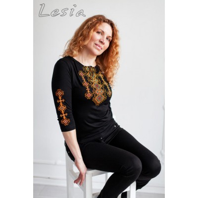 Embroidered t-shirt with 3/4 sleeves "Alternative" orange on black